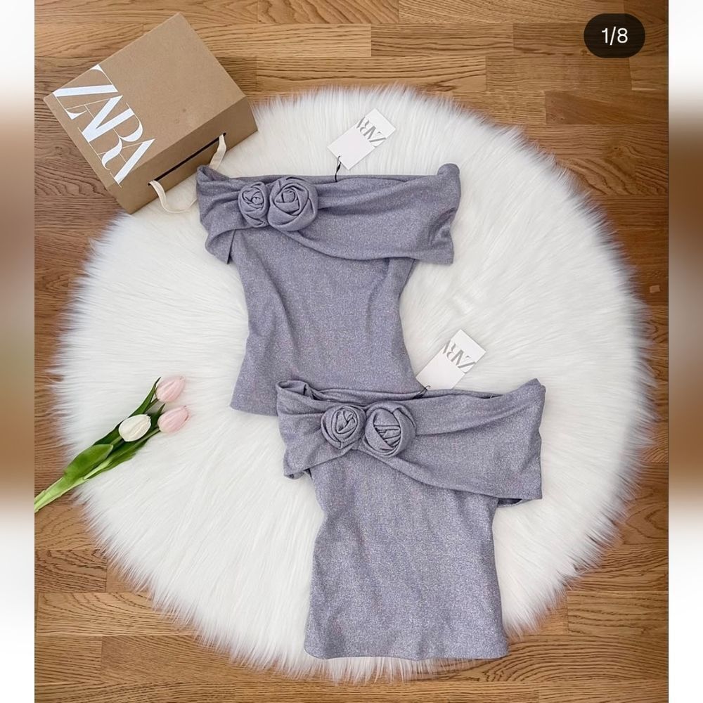 NWT ZARA METALLIC THREAD TOP WITH RAISED FLOWERS